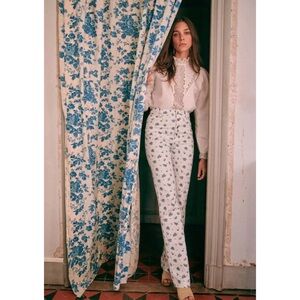 Sezane Justin Trousers in Cream/Blue Rose Floral Print Cottagecore Size 2 US NWT